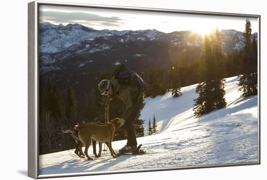 Man Shows His Dogs Affection Before A Morning Backcountry Ski In Montana's Gallatin Range-Hannah Dewey-Framed Photographic Print