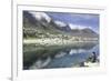 Man Sits on Rock Facing Twelve Apostles Mountain Reflected in Atlantic Ocean, Camp's Bay, Cape Town-Kimberly Walker-Framed Photographic Print