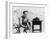 Man Sitting at the Beach with His Typewriter-null-Framed Photo