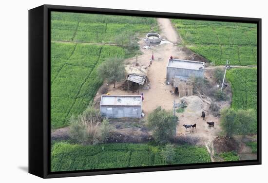 Man Sitting on House Roof in Tiny Agricultural Hamlet Amidst Fields of Vegetables, Rajasthan, India-Annie Owen-Framed Stretched Canvas