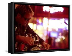 Man Sitting on Motorcycle-null-Framed Stretched Canvas