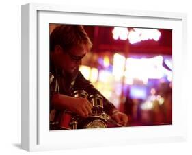 Man Sitting on Motorcycle-null-Framed Photographic Print