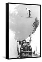 Man Ski-Jumping over Road-null-Framed Stretched Canvas