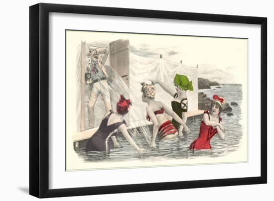 Man Snapping Picture of Bathing Beauties-null-Framed Art Print