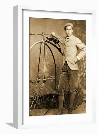 Man Standing Next to His Penny-Farthing, C.1890-null-Framed Photographic Print