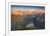 Man standing on rocks looking at clouds at sunset over lake Limmernsee, aerial view-Roberto Moiola-Framed Photographic Print