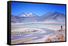 Man Standing on Rocks Looking over Miscanti Laguna, Turquoise Mineral Lake, San Pedro De Atacama-Kimberly Walker-Framed Stretched Canvas