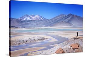 Man Standing on Rocks Looking over Miscanti Laguna, Turquoise Mineral Lake, San Pedro De Atacama-Kimberly Walker-Stretched Canvas