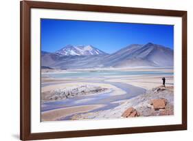 Man Standing on Rocks Looking over Miscanti Laguna, Turquoise Mineral Lake, San Pedro De Atacama-Kimberly Walker-Framed Photographic Print