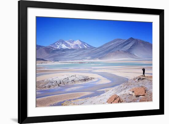 Man Standing on Rocks Looking over Miscanti Laguna, Turquoise Mineral Lake, San Pedro De Atacama-Kimberly Walker-Framed Photographic Print