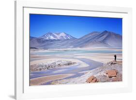 Man Standing on Rocks Looking over Miscanti Laguna, Turquoise Mineral Lake, San Pedro De Atacama-Kimberly Walker-Framed Photographic Print