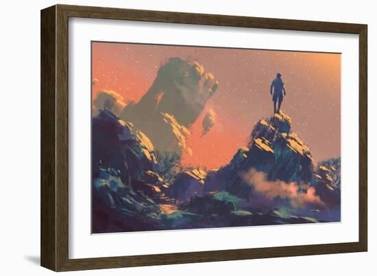 Man Standing on Top of the Hill Watching the Stars,Illustration Painting-Tithi Luadthong-Framed Art Print