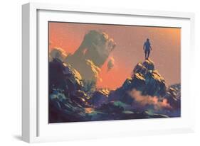 Man Standing on Top of the Hill Watching the Stars,Illustration Painting-Tithi Luadthong-Framed Art Print