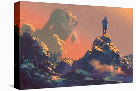 Man Standing on Top of the Hill Watching the Stars,Illustration Painting-Tithi Luadthong-Stretched Canvas