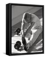 Man Stretching in Gym, New York, New York, USA-Chris Trotman-Framed Stretched Canvas
