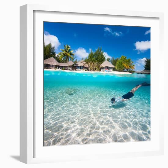 Man Swimming in a Tropical Lagoon in Front of Exotic Island-BlueOrange Studio-Framed Photographic Print