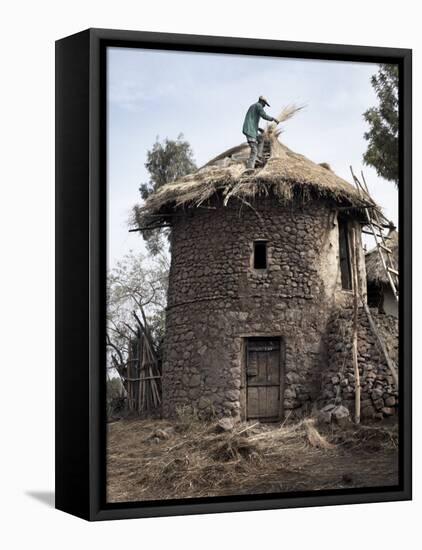 Man Thatches the Roof of His House in the Town of Lalibela, Ethiopia, Africa-Mcconnell Andrew-Framed Stretched Canvas