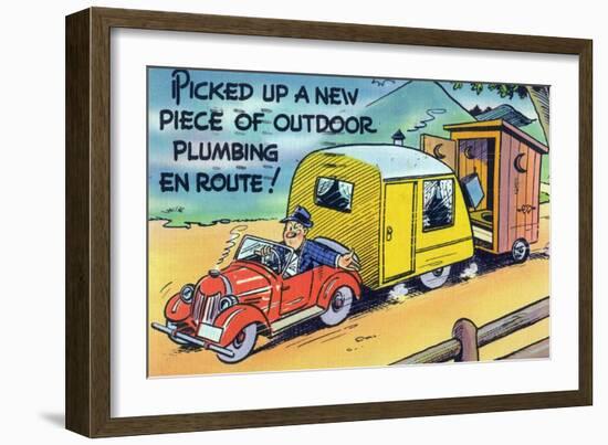 Man Towing a Trailer and an Outhouse, Outdoor Plumbing-Lantern Press-Framed Art Print