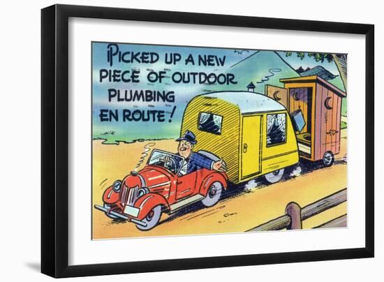 Man Towing a Trailer and an Outhouse, Outdoor Plumbing-Lantern Press-Framed Art Print