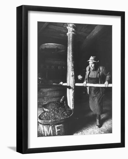 Man Using Old Wine Press at Vaux En Beauiplais Vineyard-Carlo Bavagnoli-Framed Photographic Print