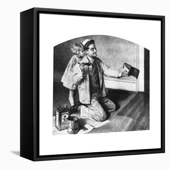 Man Varnishing Doll’s Bed for Little Girl-Norman Rockwell-Framed Stretched Canvas