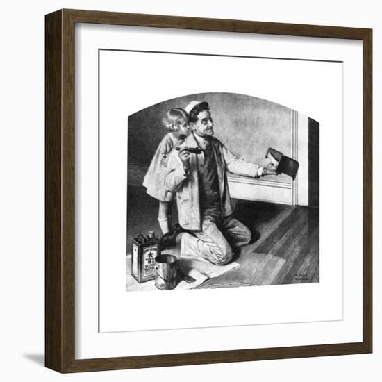 Man Varnishing Doll’s Bed for Little Girl-Norman Rockwell-Framed Giclee Print