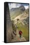 Man Walking Down Stone Steps of Machu Picchu, Peru-Merrill Images-Framed Stretched Canvas