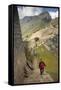 Man Walking Down Stone Steps of Machu Picchu, Peru-Merrill Images-Framed Stretched Canvas