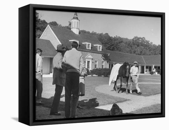 Man Walking Horse in Front of Stables at Rolling Rock Fox Hunt-null-Framed Stretched Canvas