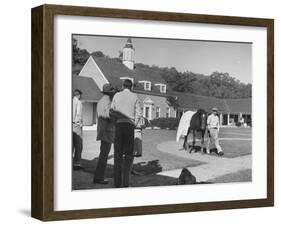 Man Walking Horse in Front of Stables at Rolling Rock Fox Hunt-null-Framed Photographic Print