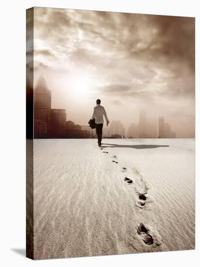 Man Walking in a Desert towards a City-olly2-Stretched Canvas