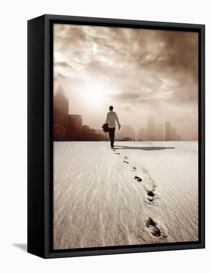 Man Walking in a Desert towards a City-olly2-Framed Stretched Canvas