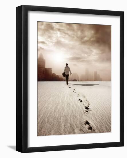 Man Walking in a Desert towards a City-olly2-Framed Photographic Print