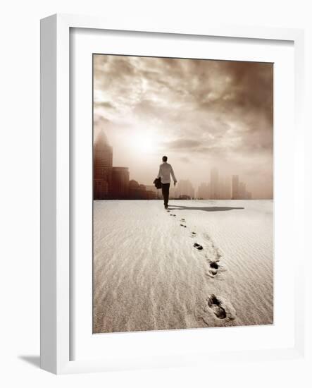 Man Walking in a Desert towards a City-olly2-Framed Photographic Print