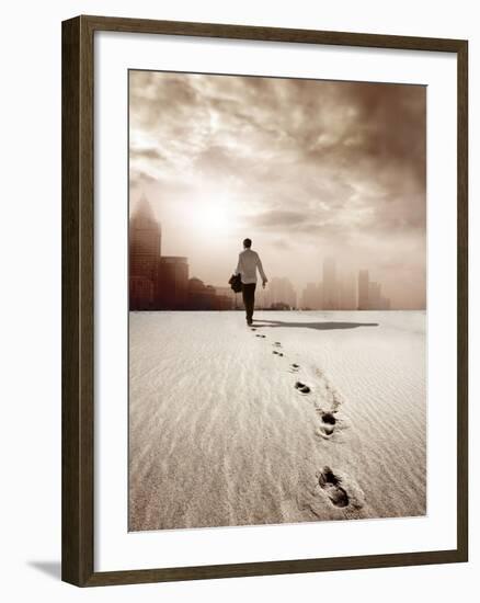 Man Walking in a Desert towards a City-olly2-Framed Photographic Print