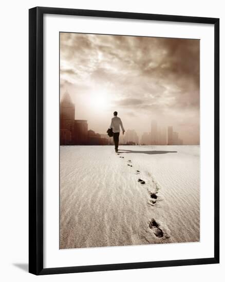 Man Walking in a Desert towards a City-olly2-Framed Photographic Print