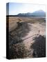 Man Walking on Dry Lake Bed with Llaima Volcano in Distance, Conguillio National Park, Chile-Aaron McCoy-Stretched Canvas