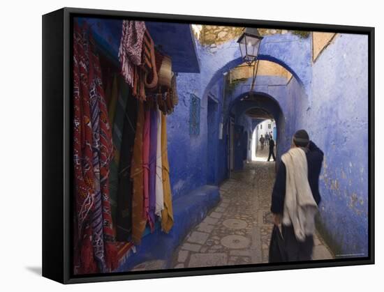 Man Walking Through Pastel Coloured Streets of Chefchaouen, Morocco, North Africa, Africa-Christian Kober-Framed Stretched Canvas
