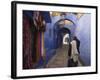 Man Walking Through Pastel Coloured Streets of Chefchaouen, Morocco, North Africa, Africa-Christian Kober-Framed Photographic Print