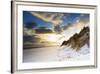 Man Walks Dog on Snow Covered Bamburgh Beach at Dawn with View to Farne Islands-Eleanor-Framed Photographic Print