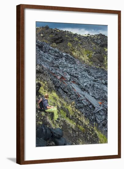 Man Watching an Active Lava Stream, Tolbachik Volcano, Kamchatka, Russia, Eurasia-Michael Runkel-Framed Photographic Print