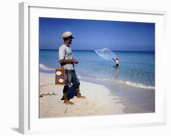 Man Watching Fisherman with a Net Working Along Varadero Beach-Eliot Elisofon-Framed Photographic Print