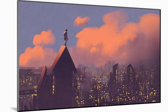 Man Watching over the City,Illustration Painting-Tithi Luadthong-Mounted Premium Giclee Print