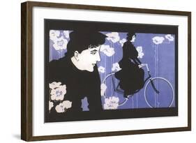 Man Watching Woman on Bike-null-Framed Art Print