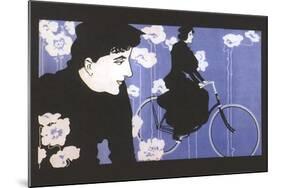 Man Watching Woman on Bike-null-Mounted Art Print