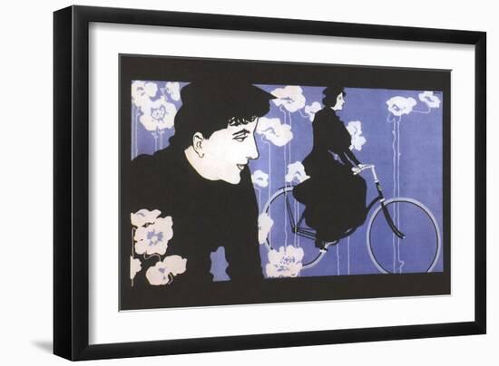 Man Watching Woman on Bike-null-Framed Art Print