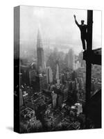 Man Waving from Empire State Building Construction Site-null-Stretched Canvas