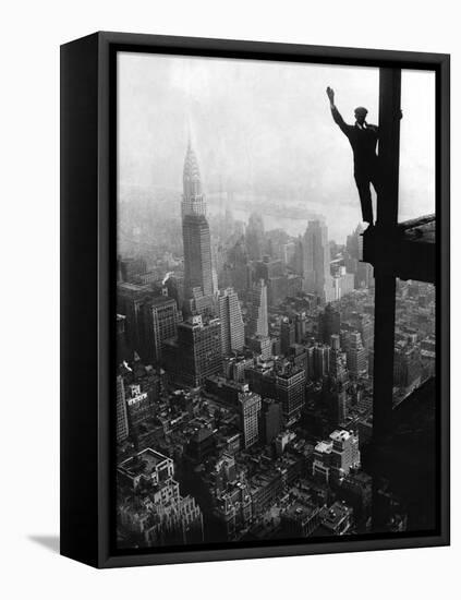 Man Waving from Empire State Building Construction Site-null-Framed Stretched Canvas