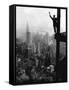 Man Waving from Empire State Building Construction Site-null-Framed Stretched Canvas