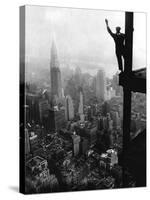 Man Waving from Empire State Building Construction Site-null-Stretched Canvas